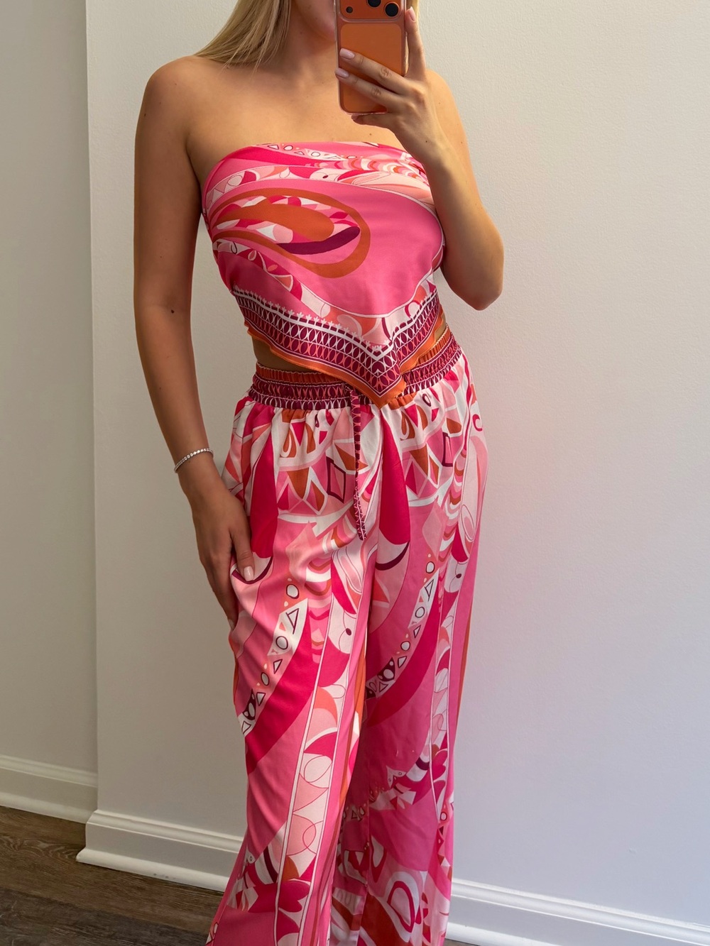 Fashion Nova Pink Printed Strapless Cutout Jumpsuit